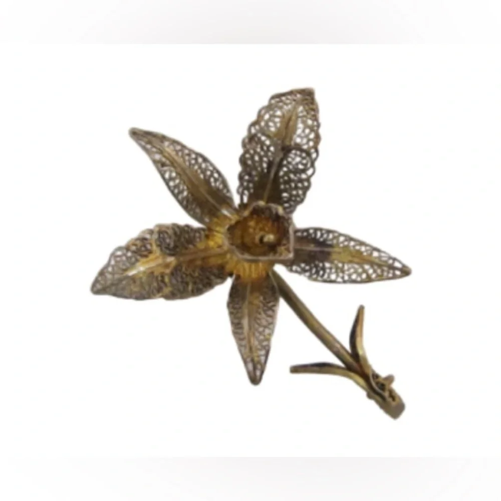 Vintage Gold Vermeil Silver Orchid Filigree Brooch